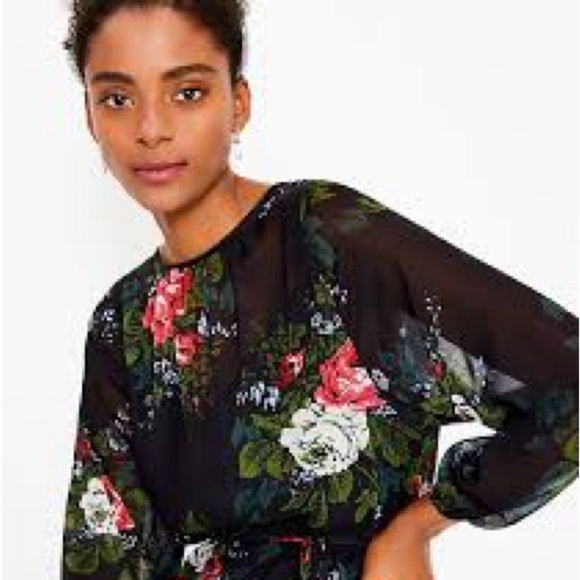 LOFT black Floral Long Sleeve Tie Waist Dress Sz L - Picture 3 of 14